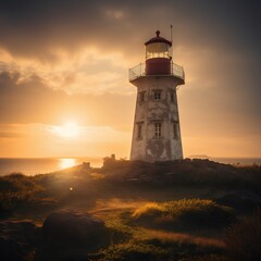 Lighthouse in golden hour created with AI