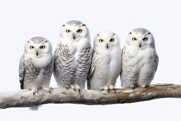 Image of family group of snowy owl on the branch on white background. Birds. Wildlife Animals. Illustration, Generative AI.