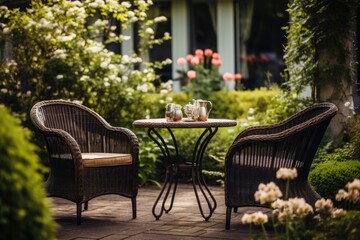 Wicker chairs and a metal table in an outdoor summer garden.