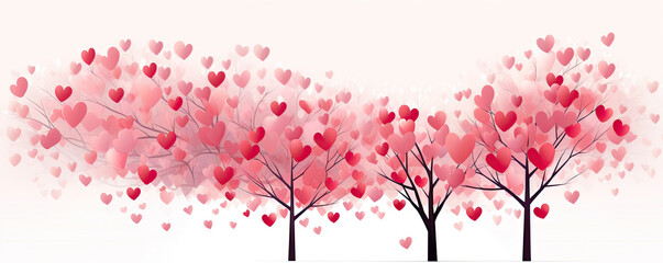 Pink red tree with heart leaves isolated. wide banner