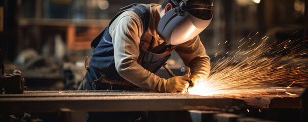 Industrial professional worker grinding metal part in metal industry.