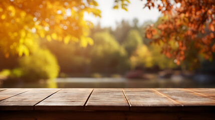 Naklejka na ściany i meble empty wooden tabletop positioned against a backdrop of a beautiful autumn landscape adorned with vibrant and colorful foliage in the park, seasonal display template for your products, Generative AI