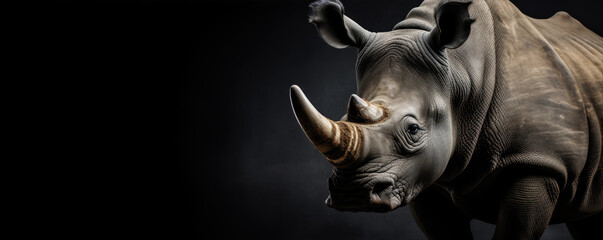 rhino on black background. wide banner - obrazy, fototapety, plakaty