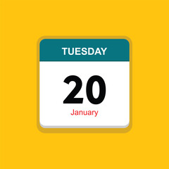 january 20 tuesday icon with yellow background, calender icon