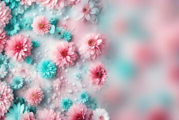 romantic floral background with pink and aquamarine daisy flowers and with copy space like beautiful flowery art with AI elements