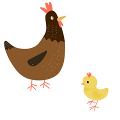 Vector mother hen and chick