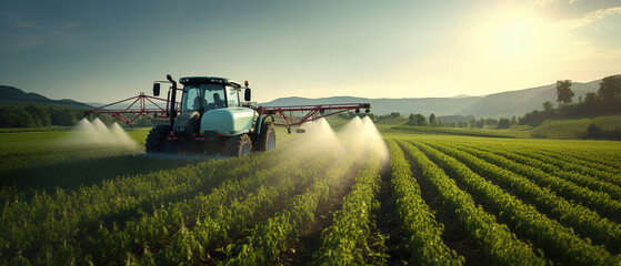 Tractor spraying pesticides fertilizer on soybean crops farm field - obrazy, fototapety, plakaty