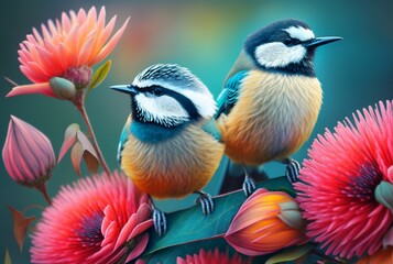 Two beautiful birds above the flowers. generative AI