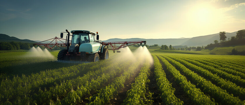 Tractor spraying pesticides fertilizer on soybean crops farm field