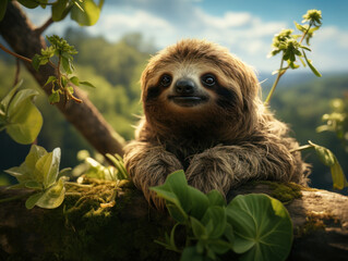 Fototapeta premium Sloth in its Natural Habitat, Wildlife Photography, Generative AI