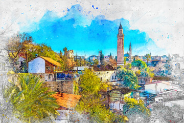 Fototapeta premium Kaleici district and Yivli Minaret view in Antalya