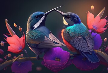 Two beautiful birds above the flowers. generative AI