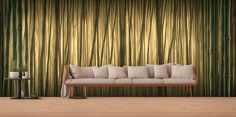 Royal pattern brown bamboo wallpaper with sofa in living room, beautiful background decoration type bamboo wallpaper.