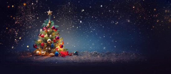 Naklejka premium A Christmas scene: Christmas tree covered in ornaments, snow and tinsel. Merry Christmas card and Seasons Greetings card.