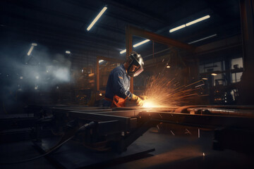 Fototapeta na wymiar Engineering factory interior: Worker in safety uniform, cutting metal tube with angle grinder.