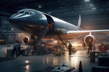 Aviation hangar, mechanic working on airplane service.