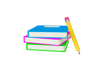 3d icon Colored books stacked and a pencil next to yellow