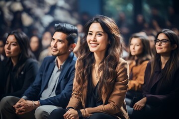 diverse asian audience sitting in amphitheater watching during panel discussion indoor