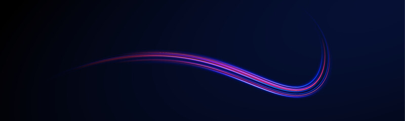 Purple glowing wave swirl.	Neon color glowing lines background, high-speed light trails effect. Magic of moving fast speed police lines. Red and blue glowing neon lights line. Particle motion effect. 