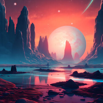 Futuristic fantasy landscape, sci-fi landscape with planet, neon ligh