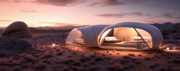 Fototapeta na wymiar Glamping houses in desert landscape. Futuristic glamping in rocky mountains.