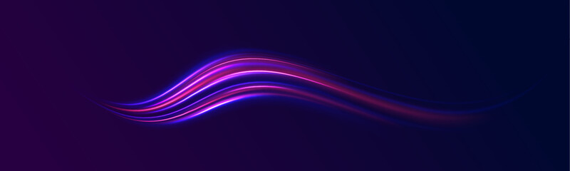 Lines in the shape of a comet against a dark background. Illustration of high speed concept. Shiny wavy path. Rotating dynamic neon circle. Magic golden swirl with highlights.