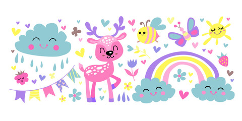 Cute stickers Flat. Vector set with animals, cloud and flowers. Colorful illustration isolated on a white background.