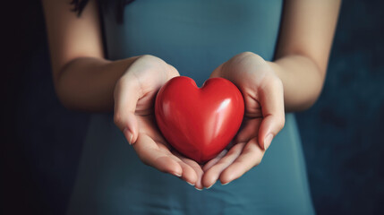 Young woman hands holding red heart, World heart day concept. Generative AIYoung woman hands holding red heart, World heart day concept. Generative AI.