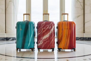 three suitcases with different colors are lined up on marble floor
