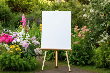 A  white blank easel with summer  garden with flowers around, easel mock up