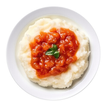 Pap En Sous Maize Porridge With Tomato Sauce South African Cuisine On White Plate On Isolated Transparent Background, Png