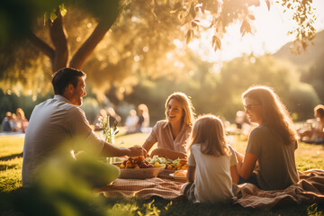 Father, mother and two daughters  siting in picnic having food in day light ai generated art.