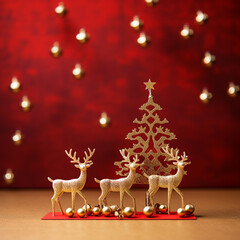 Christmas reindeer with bells next to a Christmas tree for a Christmas card with free space to add text red background
