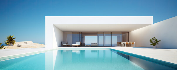 Fototapeta na wymiar Modern clean minimalistic house with swimming pool and blue sky in summer day. Vacation best property.
