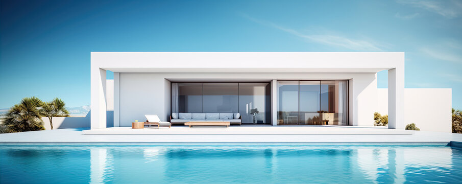 Modern clean minimalistic house with swimming pool and blue sky in summer day. Vacation best property.