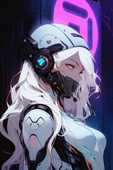 Anime Cyborg Girl in White Mech Suit and Robotic Mask