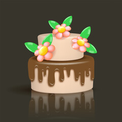3D Birthday vector cake. Decorated cake with flowers and melted chocolate. Vector object
