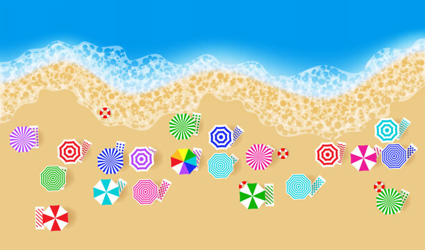 Sandy beach, top view. Coastline, surf, and color beach umbrellas. Beach holiday background. Vector illustration