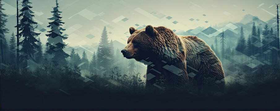 Wild brown bear design for t shirt printing. on white background. wide banner