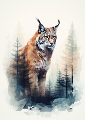 Majestic eurasian lynx design for t shirt print.  on white background. wide banner