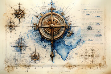 Fototapeta na wymiar Nautcal compass and rudder blueprint sketch drawing. Exploration and sailing concept. Poster design. Generative Ai