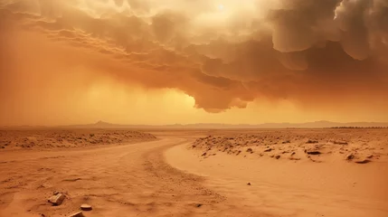 Foto op Canvas Wide panorama of barren cracked land with sun barely visible through the dust storm © Oleksii Halutva