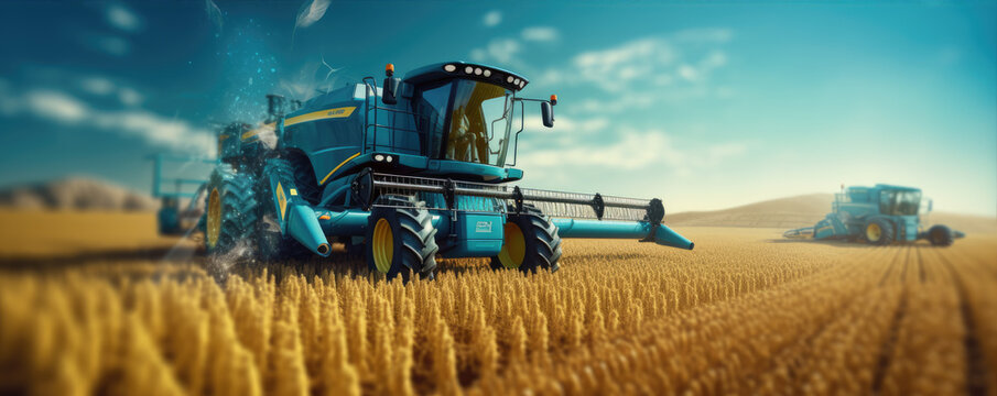 Woman farmer with tablet in her hands  in harvest fiels and machine background.
