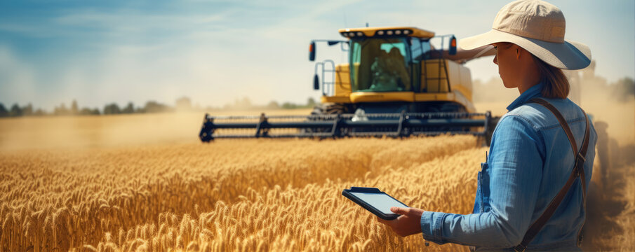 Woman farmer with tablet in her hands  in harvest fiels and machine background.