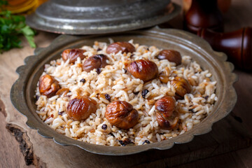 Traditional delicious Turkish food; chestnut rice pilaf (Turkish name; kestaneli pilav)