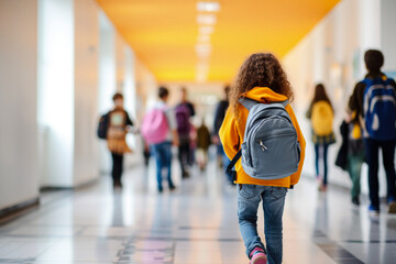 young student girl walking in school hallway - Powered by Adobe