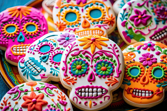 A sugar cookie shaped like a sugar skull with edible flowers and candies