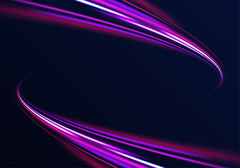 Lines in the shape of a comet against a dark background. Car motion trails. Speed line motion vector background. Acceleration speed motion on night road. 