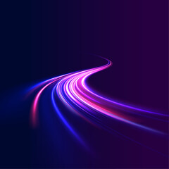 Abstract rotational border lines. Power energy. LED glare tape. Futuristic dynamic motion technology. Neon color glowing lines background, high-speed light trails effect. Purple glowing wave swirl.	