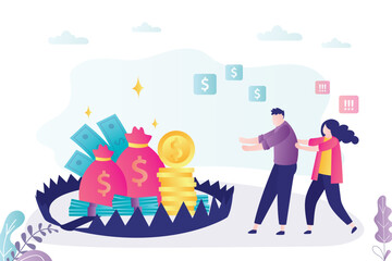 Wife warns and saves husband from credit trap. Married couple afraid to fall into mortgage trap. High interest loans, credit slavery, cash microloans. Risk and money management.